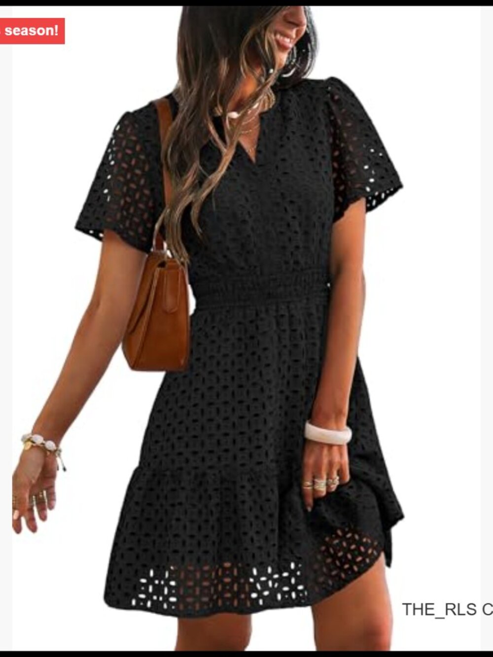 V-Neck Eyelet Lace A-Line Short Dress, 80% Polyester 20% Cotton - Picture 3 of 7